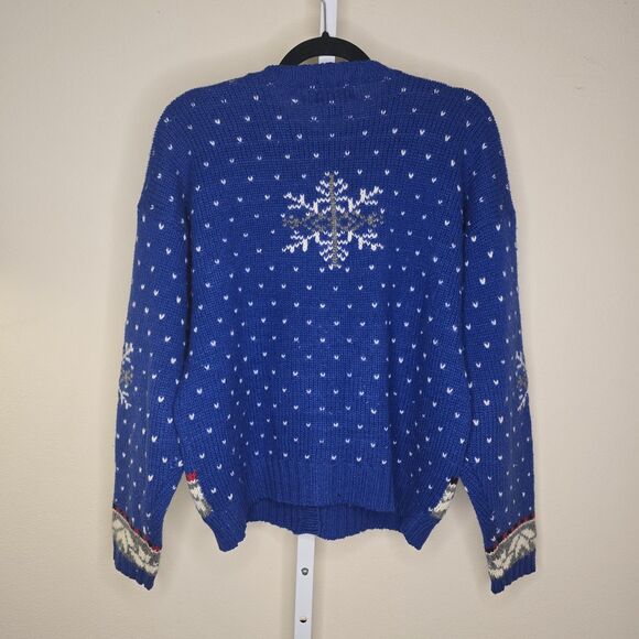 VTG Woolrich Women’s M Handframed Royal Blue Snowman Winter Wool Knit Cardigan - Picture 7 of 16